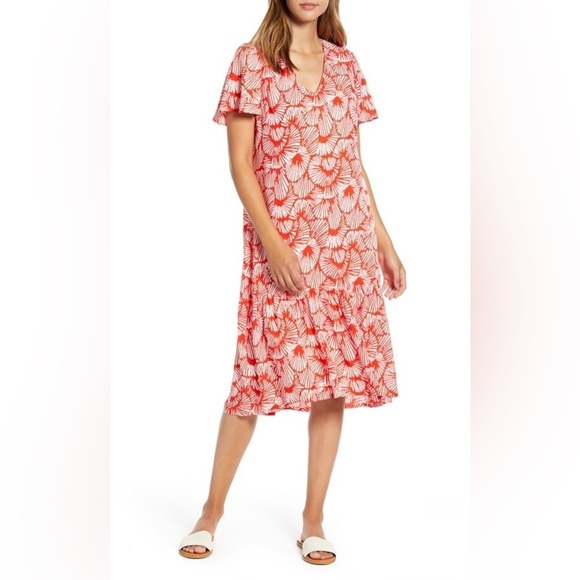 Tommy Bahama Shell We Dance Poppy Red White Tropical Midi Flutter Dress Small - Picture 1 of 15